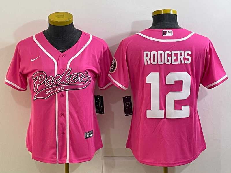 Womens Green Bay Packers #12 Aaron Rodgers Pink With Patch Cool Base Stitched Baseball Jersey